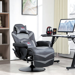 Massage Gaming Chair, Swivel Racing Video Gaming Recliner with Retractable Footrest, Headrest, Cup Holders and Side Pockets, Ergonomic High Back PU Leather Executive Desk Chair, Grey