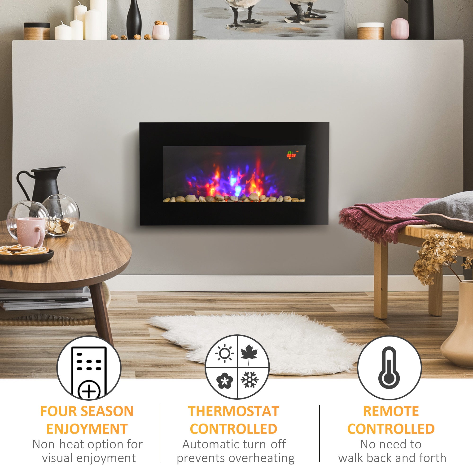 Fynco - 1000W/2000W Electric Wall Fireplace w/ LED Flame Effect Timer Remote Sleek Stylish Safe Home Heating 20-25㎡