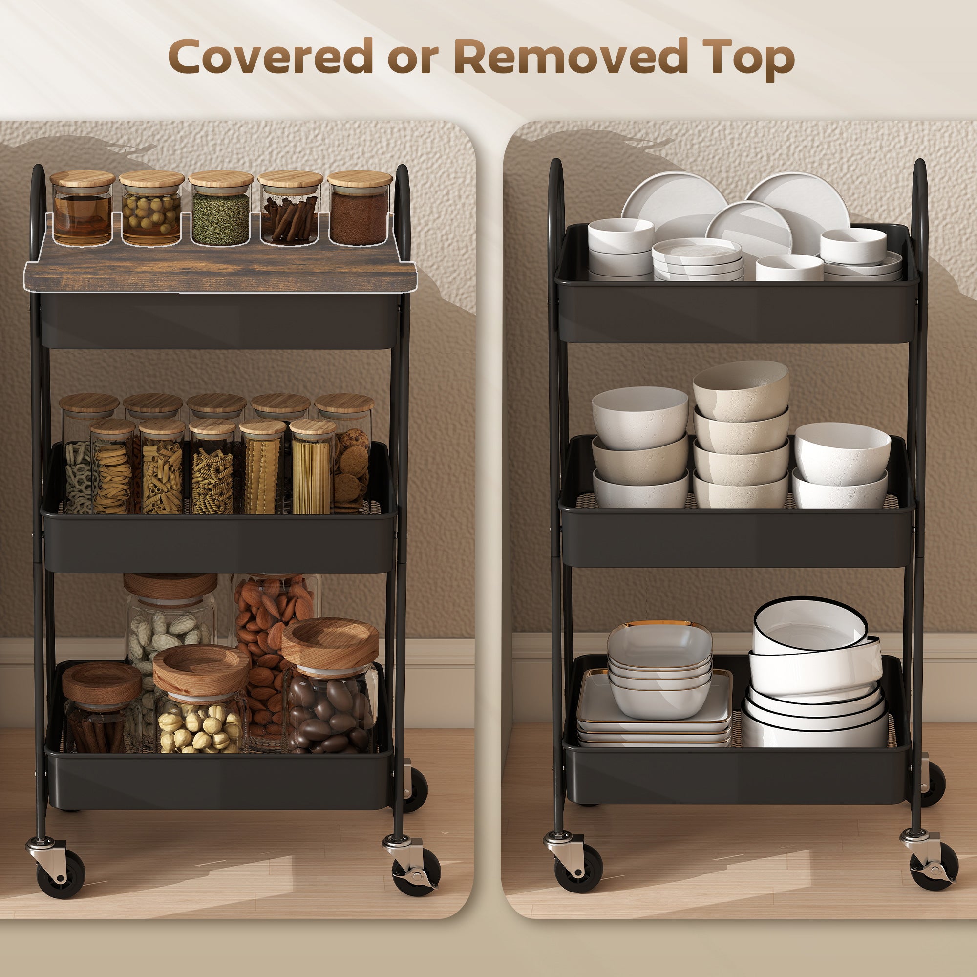 Fynco - 3-Tier Kitchen Storage Trolley with on Wheels Cover Top Board - Rustic Brown and Black