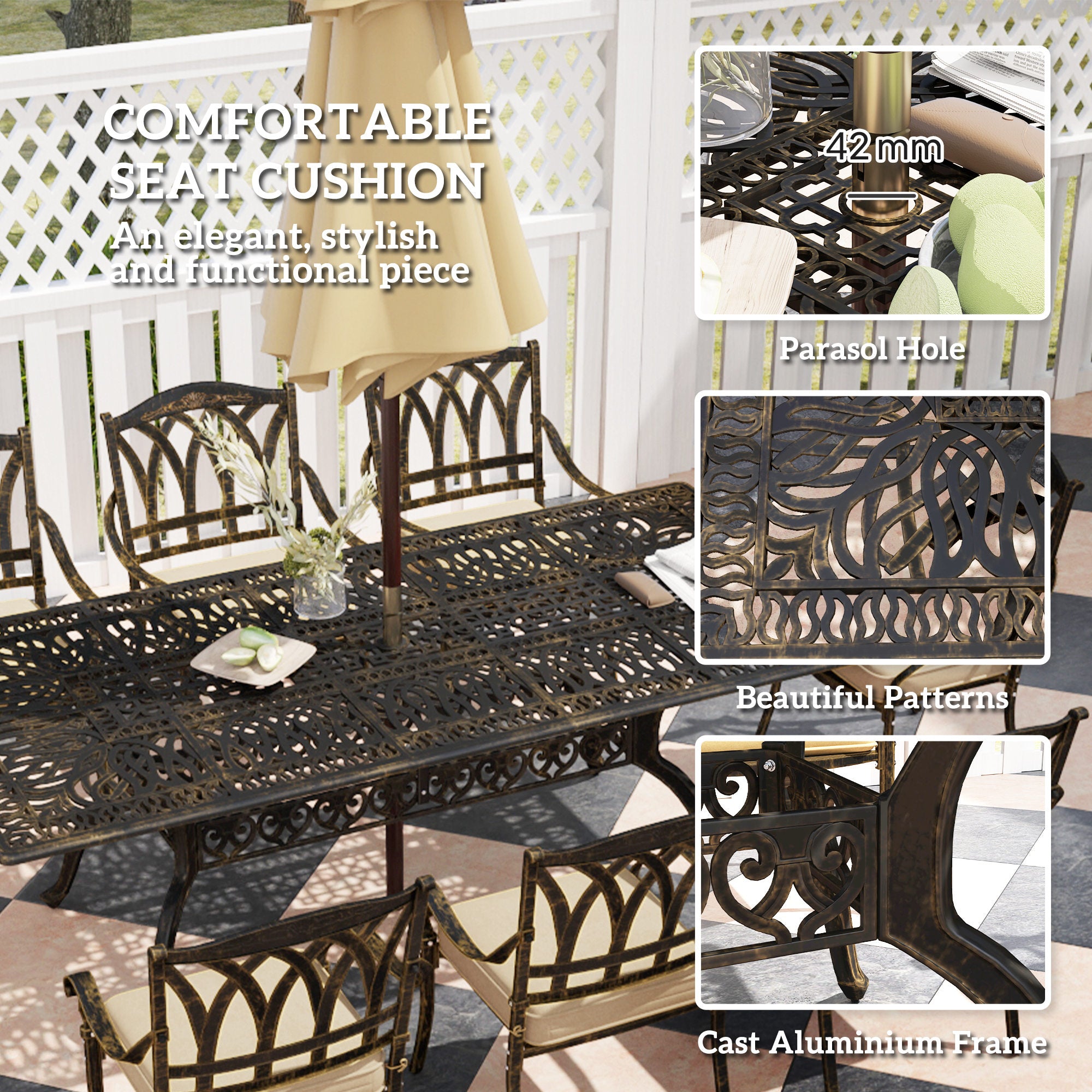 Nine-Piece Cast Aluminium Garden Dining Set - Bronze Tone
