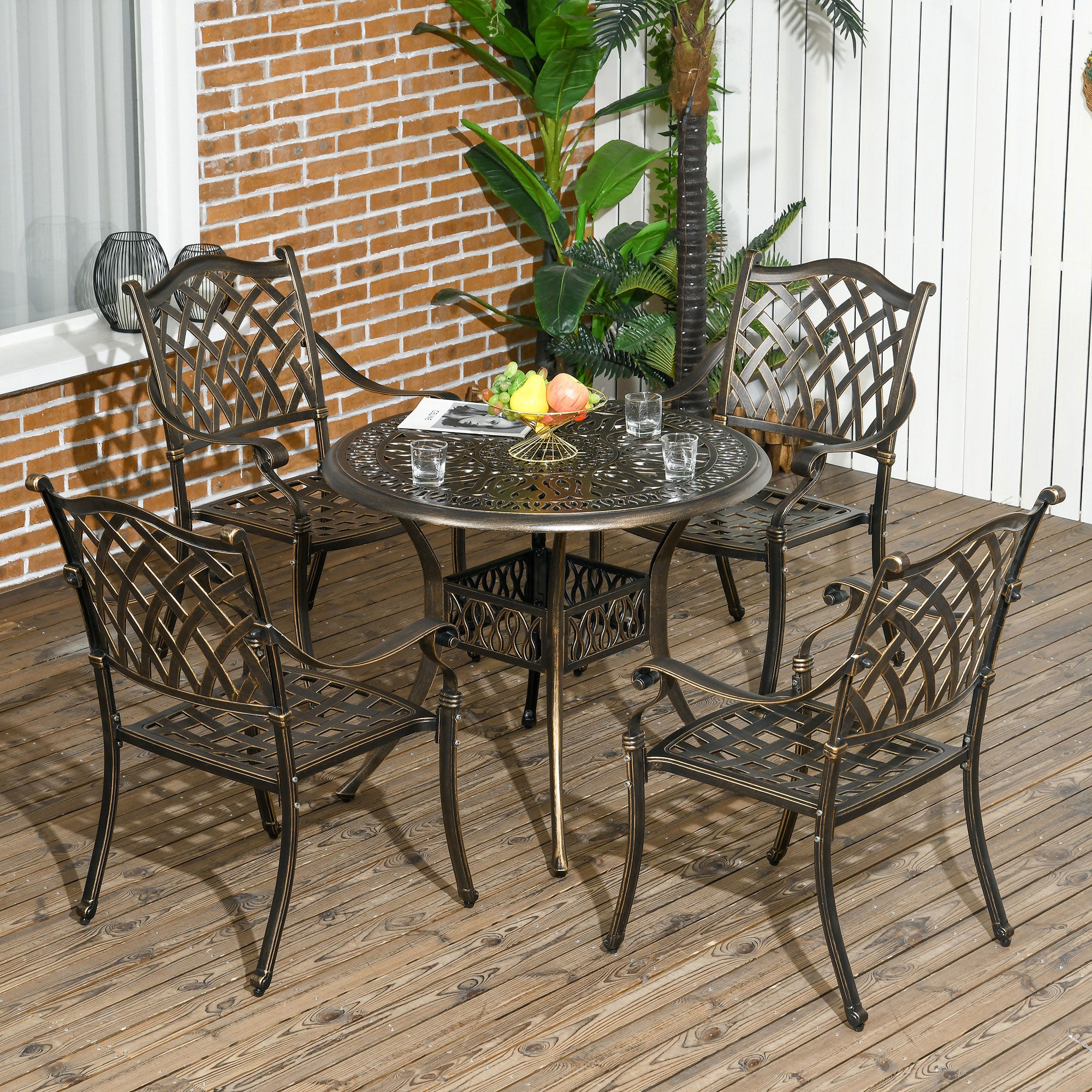5-Piece Outdoor Furniture Dining Set, Cast Aluminum Conversation Set Includes 4 Chairs and Φ90cm Round Table with Φ50mm Umbrella Hole for Patio Garden Deck, Flower Design