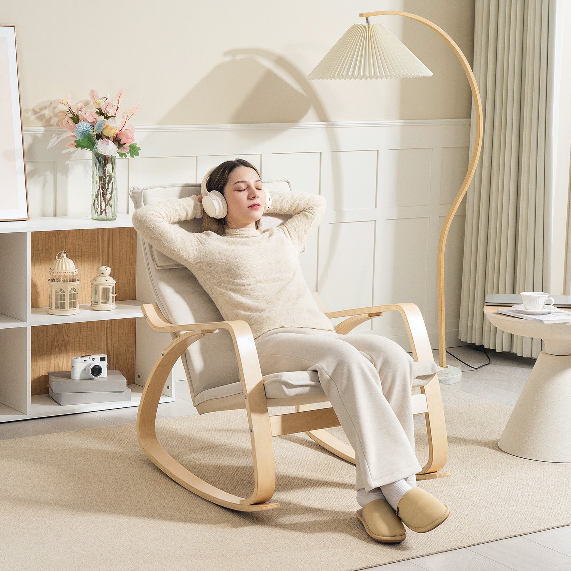 Comfortable Relax Rocking Chair, Upholstered Lounge Chair Recliner with High Back and Headrest for Living Room, Bedroom, Cream White