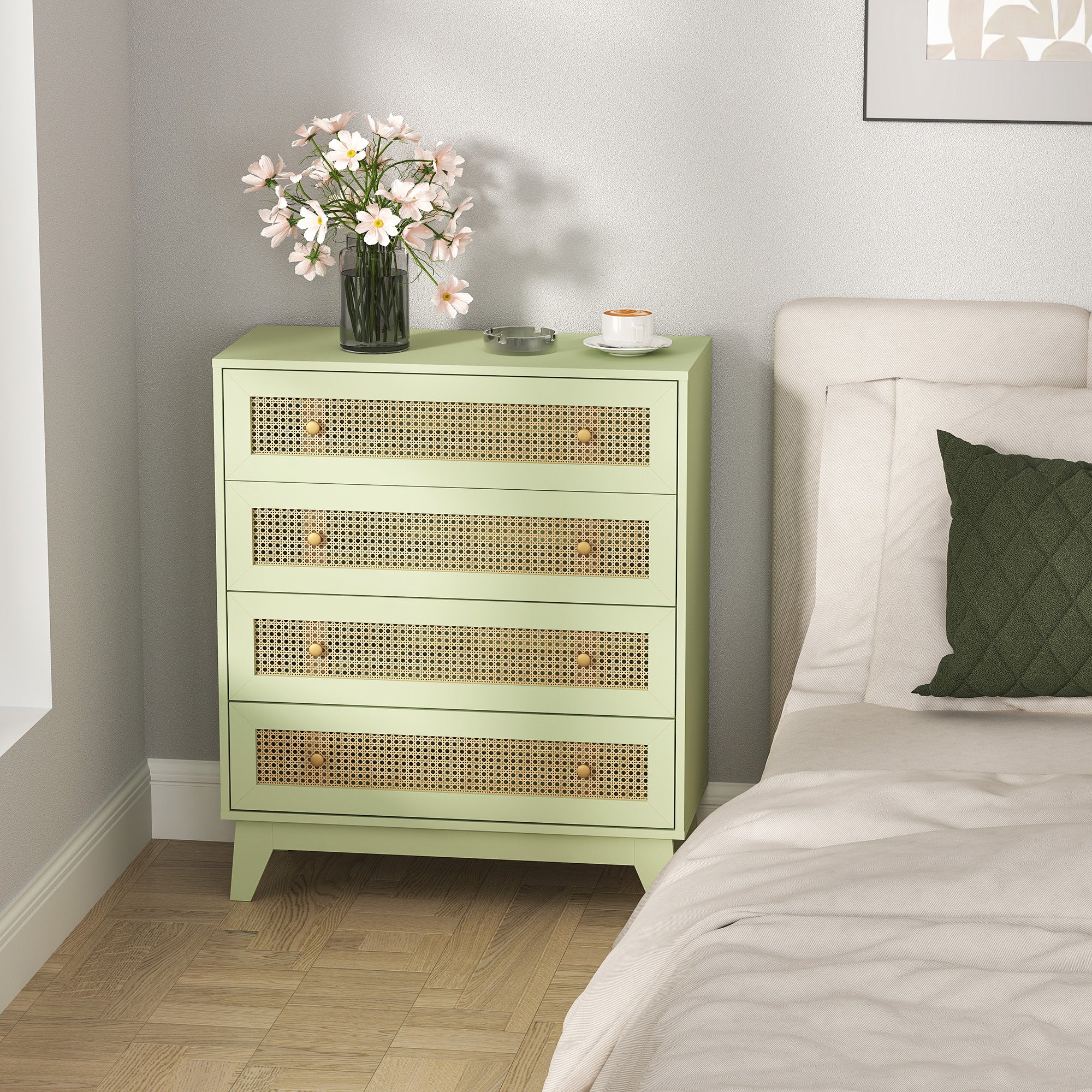 Chest of Drawers, 4-Drawer Storage Organiser Unit with Rattan Element for Bedroom, Living Room, Light Green