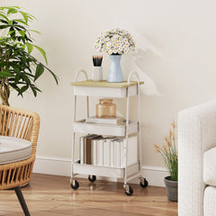 Fynco - 3-Tier Kitchen Storage Trolley with on Wheels Cover Top Board - White and Oak