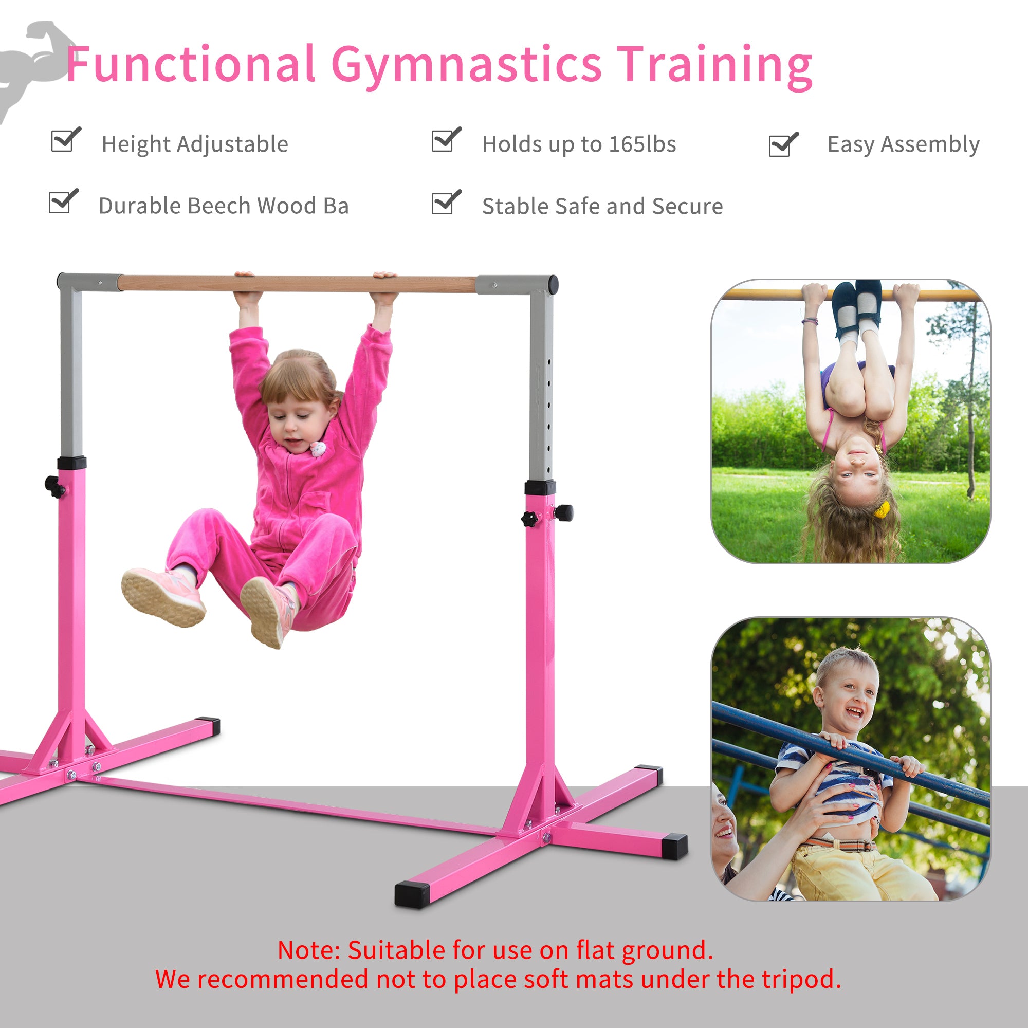 Height Adjustable Gymnastics Horizontal Bar for Kids, Children Junior Kip High Bar Fitness, Pink