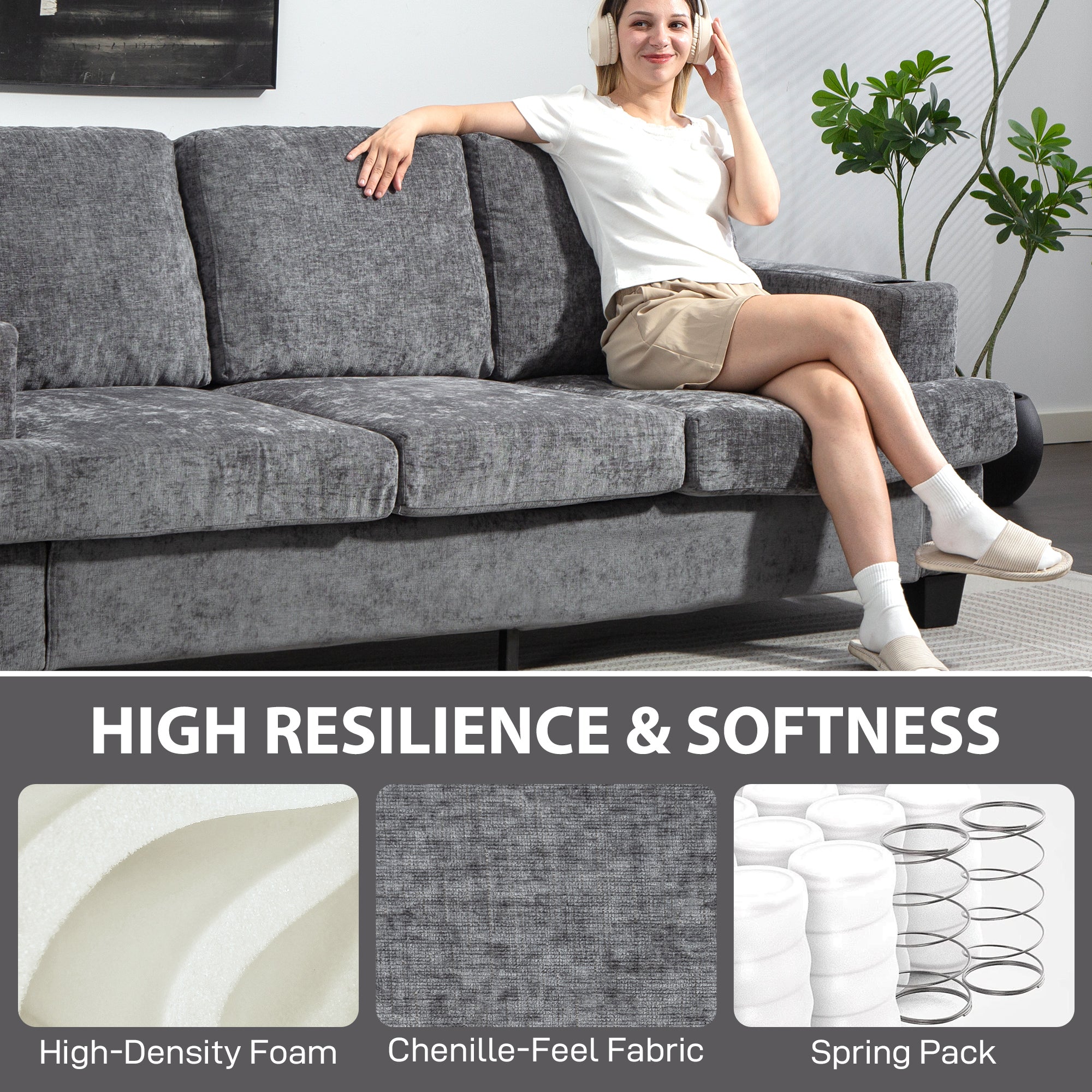 Fynco - 3 Seater Sofa with USB Ports & Cup Holders - Grey