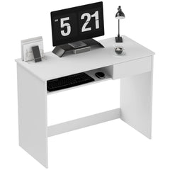 100cm Compact Computer Desk with Keyboard Tray, Home Office Desk with Drawer for Bedroom Study, White