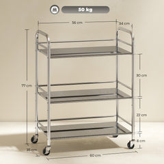 Fynco - 3 Tier Stainless Steel Kitchen Storage Trolley with Adjustable Shelf - Silver