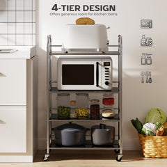 Fynco - 4 Tier Stainless Steel Kitchen Storage Trolley with Adjustable Shelves - Silver