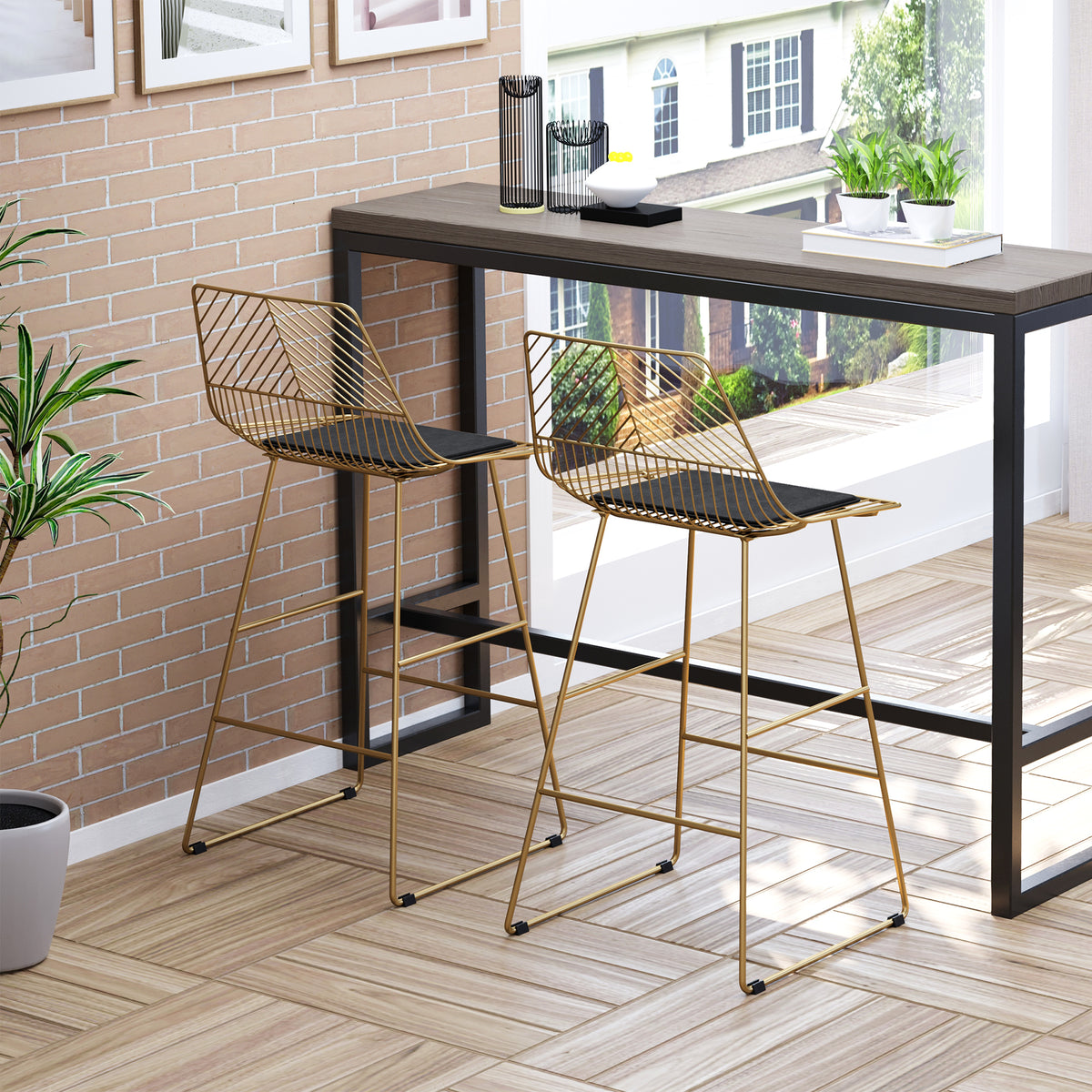 Set of 2 Bar Stools, Modern Counter Height Breakfast Bar Chairs with Wire Metal Frame for Kitchen, Dining Room, Gold