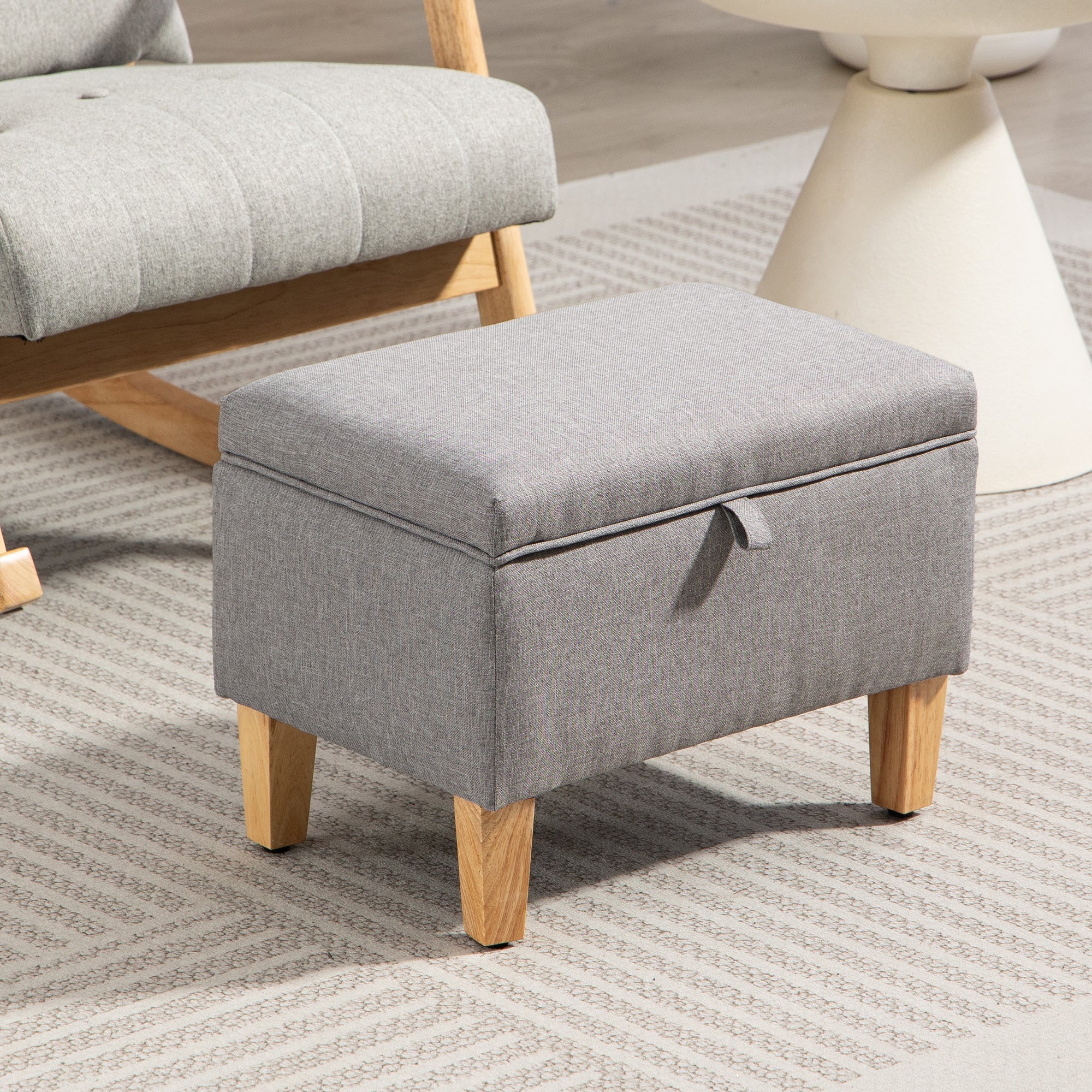Fynco - 16L Linen Storage Ottoman Padded Footstool with Rubberwood Legs for Storage Box, Bed End, Shoe Bench, Seating, Light Grey
