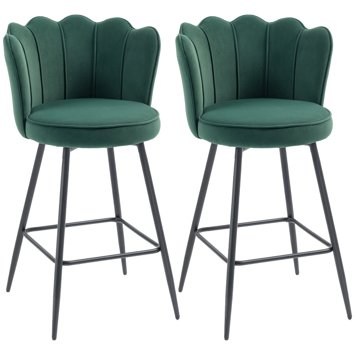 Fynco - Set of Two Velvet-Feel Lotus Bar Stools - Dark Green