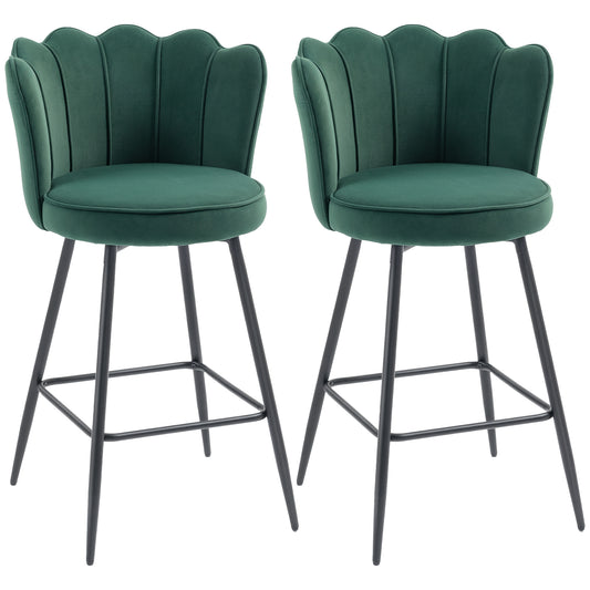 Fynco - Set of Two Velvet-Feel Lotus Bar Stools - Dark Green