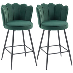 Fynco - Set of Two Velvet-Feel Lotus Bar Stools - Dark Green