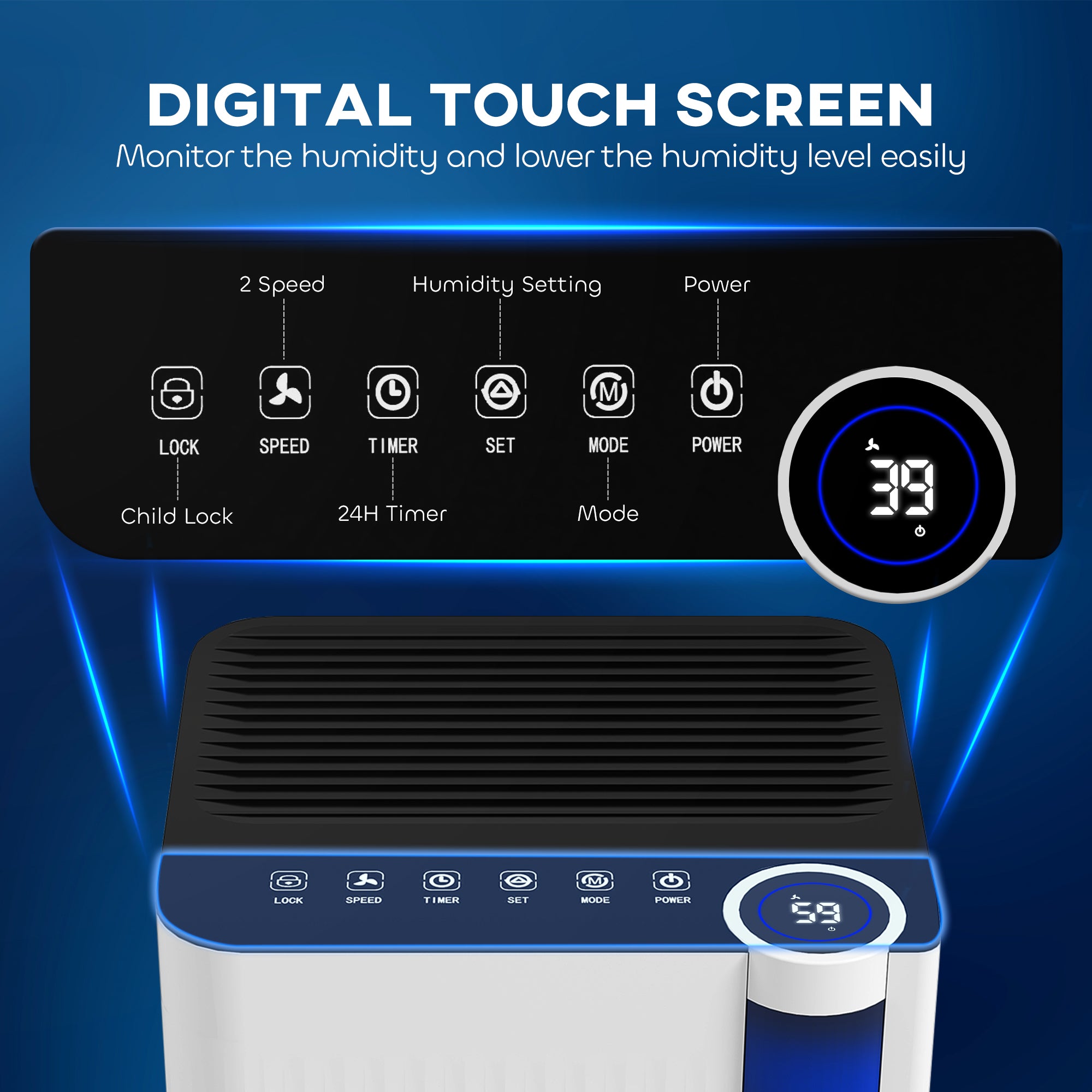 Fynco - 12L/Day Dehumidifier with Continuous Drainage, 2L Water Tank, 24H Timer, Digital Humidity Display, Filter, Auto Defrost, Children Lock, for Bedroom, Dehumidifier for Home Damp, Laundry Drying