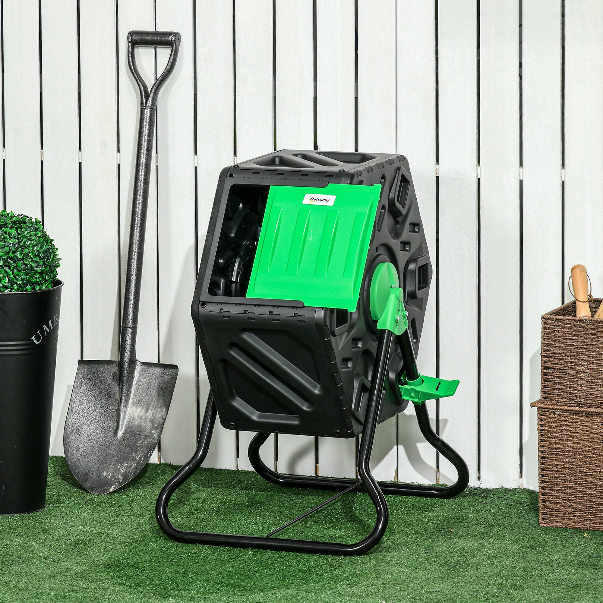 65L Garden Compost Bin, Single Chamber Rotating Composter, Compost Maker with 24 Ventilation Openings and Steel Legs