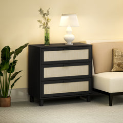 Rattan Bedroom Chest of Drawers, 3 Drawers Storage Unit, Boho Dresser for Living Room, Hallway, Black