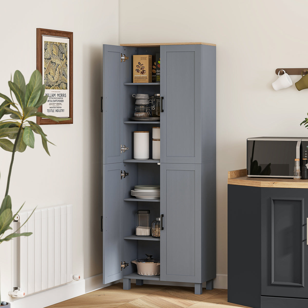 Freestanding Kitchen Cupboard, 4-Door Storage Cabinet with Adjustable Shelves, Modern Kitchen Pantry for Dining Room, 170cm, Grey Wood Effect