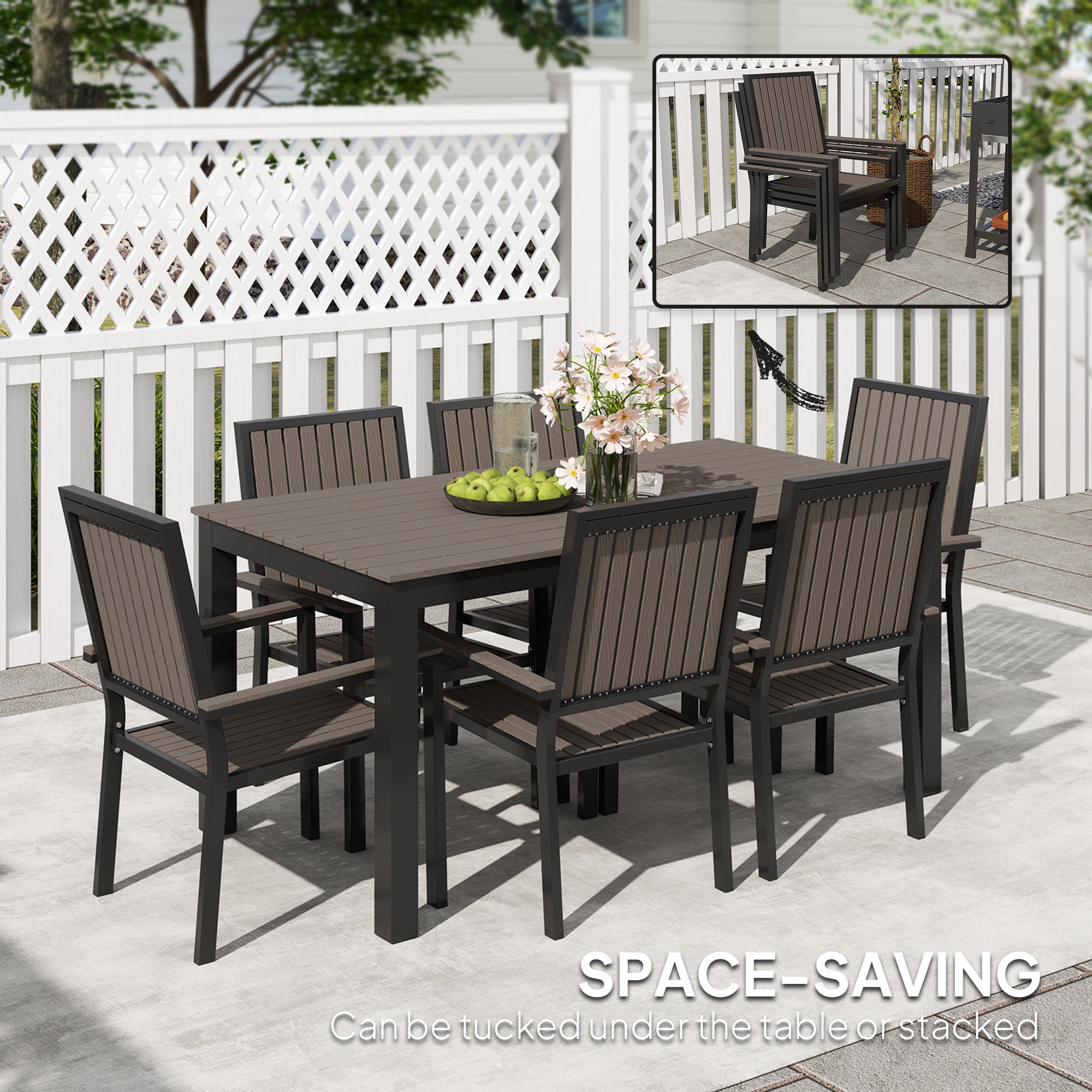 6 Seater Garden Dining Set with Stackable Chairs, Aluminium Frame, Rectangular Plastic Top, Garden Furniture Set, Outdoor Dining Table and Chairs for Patio, Balcony, Poolside, Brown