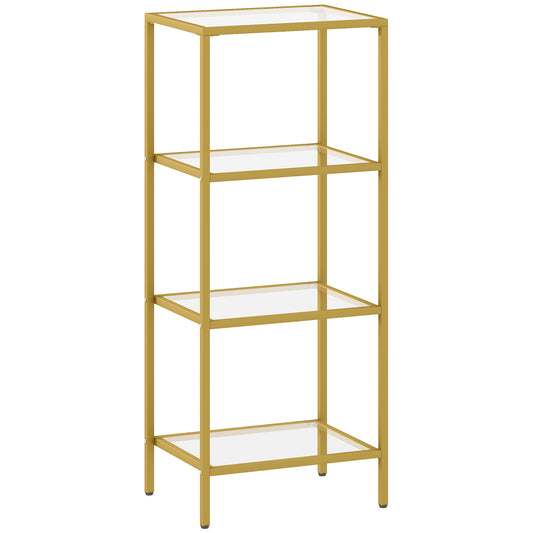 Fynco - 4-Tier Shelving Unit, Glass Shelf, Vertical Storage Shelf for Living Room, Home Office, Bedroom, Bathroom, Gold Tone