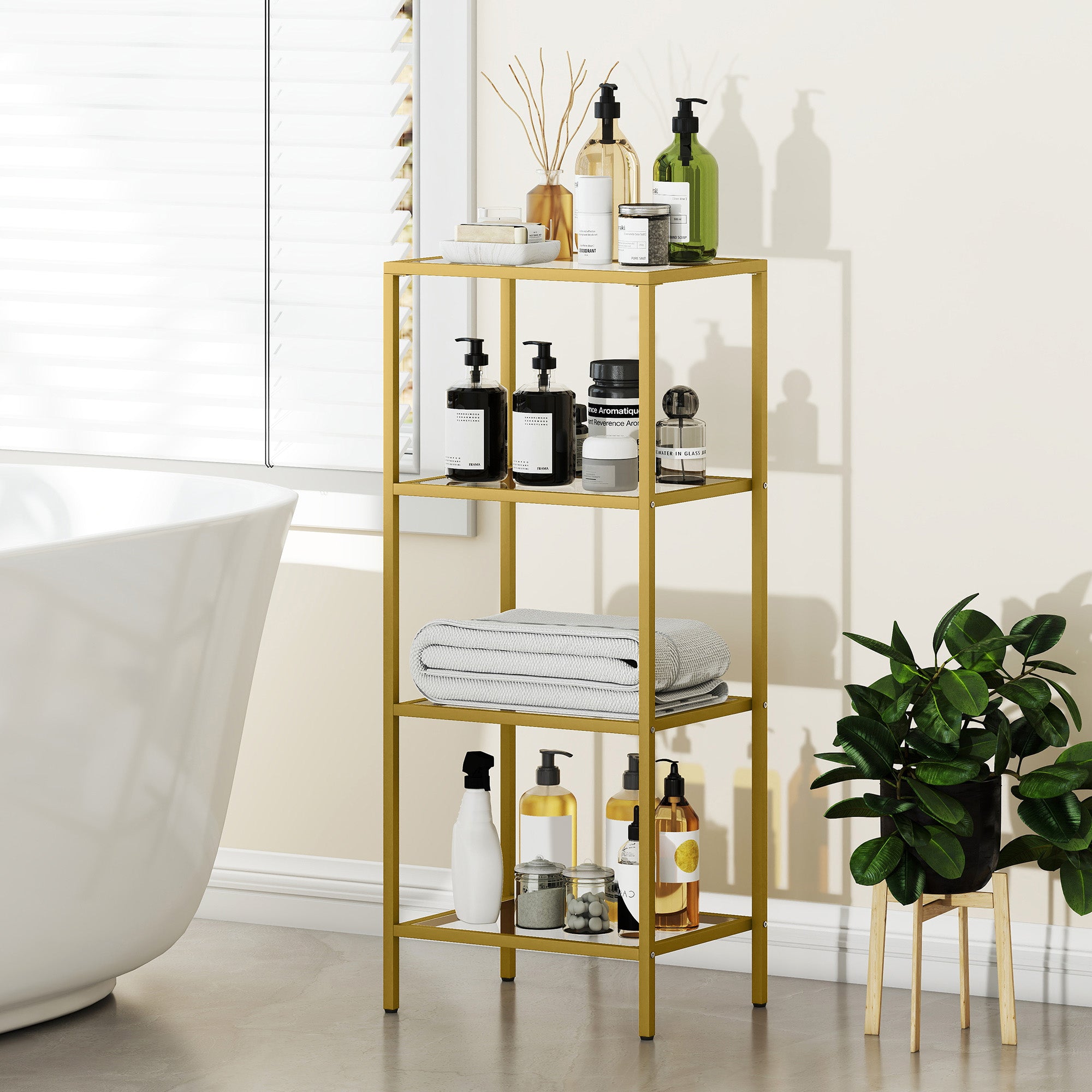 Fynco - 4-Tier Shelving Unit, Glass Shelf, Vertical Storage Shelf for Living Room, Home Office, Bedroom, Bathroom, Gold Tone