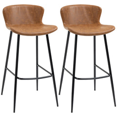Bar Stools Set of 2, PU Leather Upholstered Bar Chairs, Breakfast Kitchen Counter Chairs with Backs, Steel Legs and Footrests for Dining Room, Brown