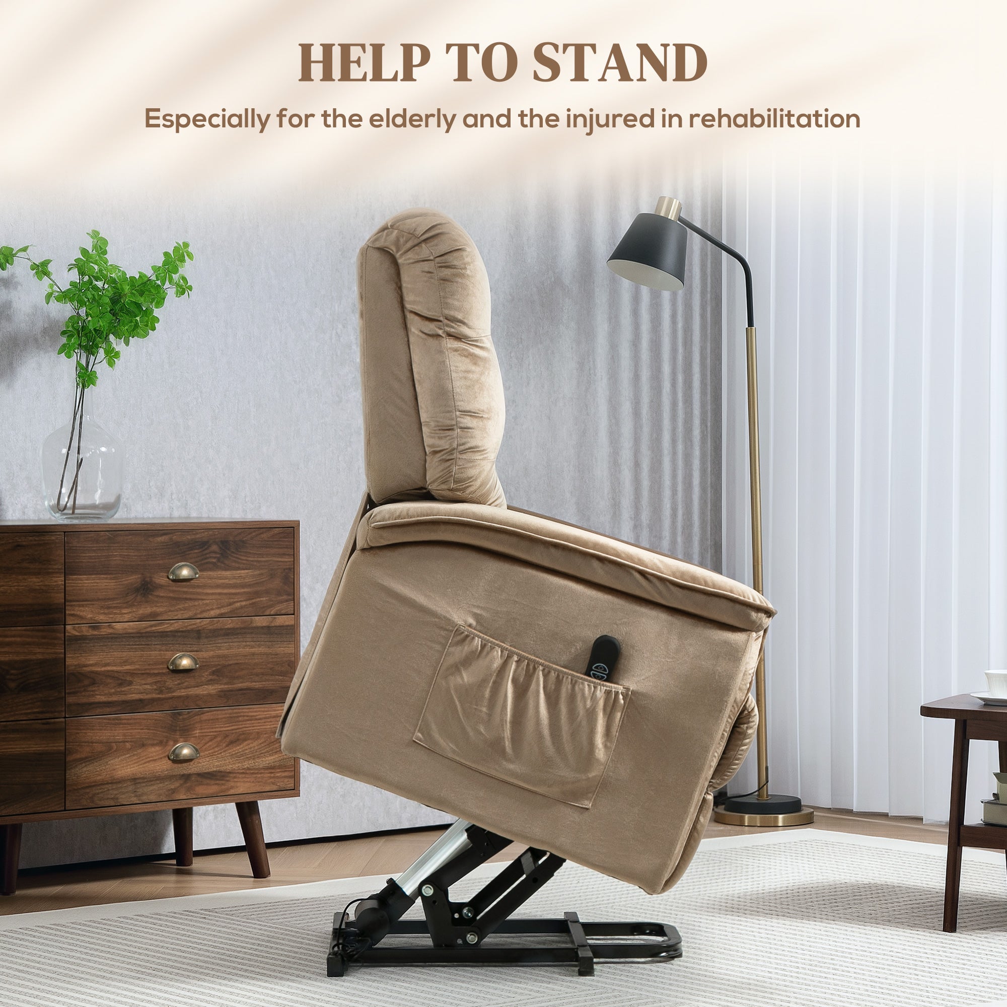 Velvet-Feel Electric Lift Recliner Chair - Brown
