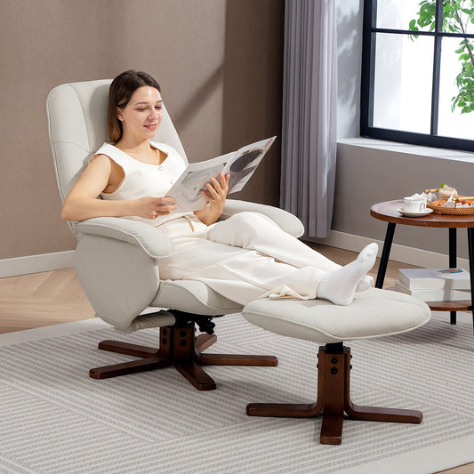 Fynco - Linen Swivel Recliner Chair with Footstool, Upholstered Reclining Armchair with Wooden Base for Living Room, Beige