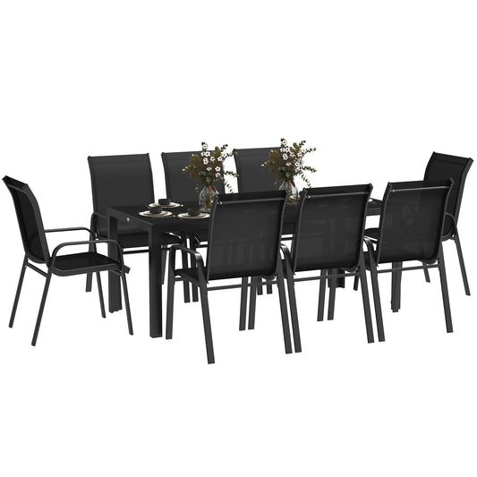 8 Seater Garden Dining Set with Stacking Chairs, Rectangular Tempered Glass Top, Garden Furniture Set, Outdoor Dining Table and Chairs for Patio, Balcony, Poolside, Black