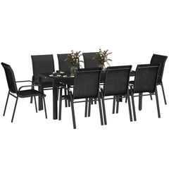 8 Seater Garden Dining Set with Stacking Chairs, Rectangular Tempered Glass Top, Garden Furniture Set, Outdoor Dining Table and Chairs for Patio, Balcony, Poolside, Black