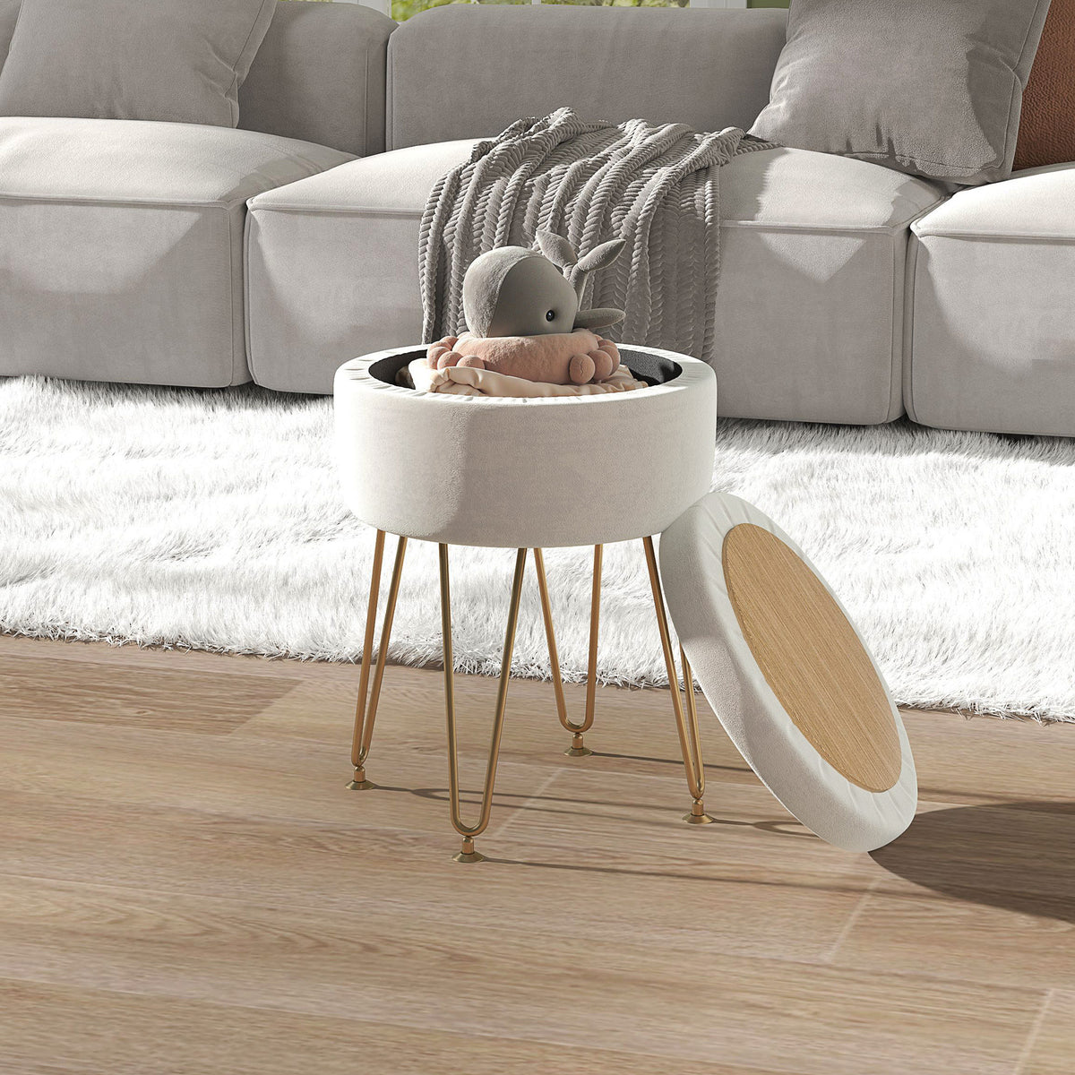 5L Velvet-Feel Storage Ottoman - Cream White