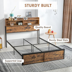 Industrial Double Bed Frame, 4.6FT Steel Bed Base with Storage Headboard, Footboard, Slatted Support and Under Bed Storage, 141 x 207cm, Rustic Brown