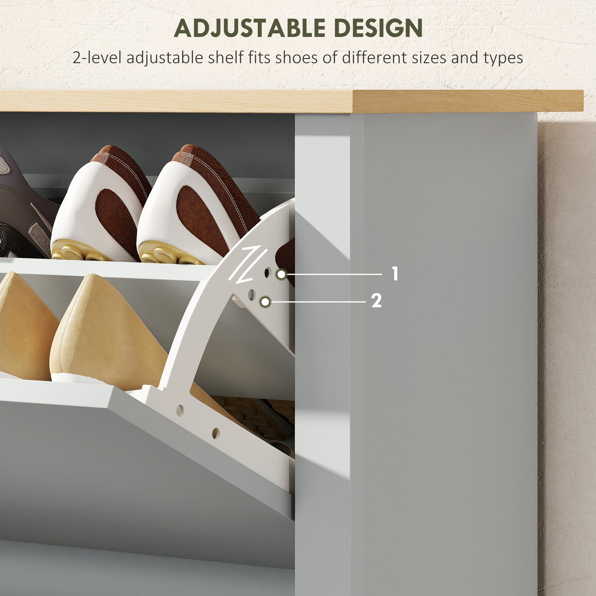 Fynco - Slim Shoe Cabinet, Narrow Shoe Cupboard with 2 Flip Drawers, Adjustable Shelves for 12 Pairs of Shoes, Light Grey