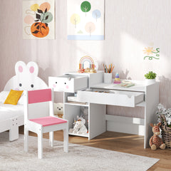 AIYAPLAY Rabbit-Themed Kids Desk and Chair Set with Bookcase, Drawers, Shelves, for Ages 3-6 Years, Whtie/Pink