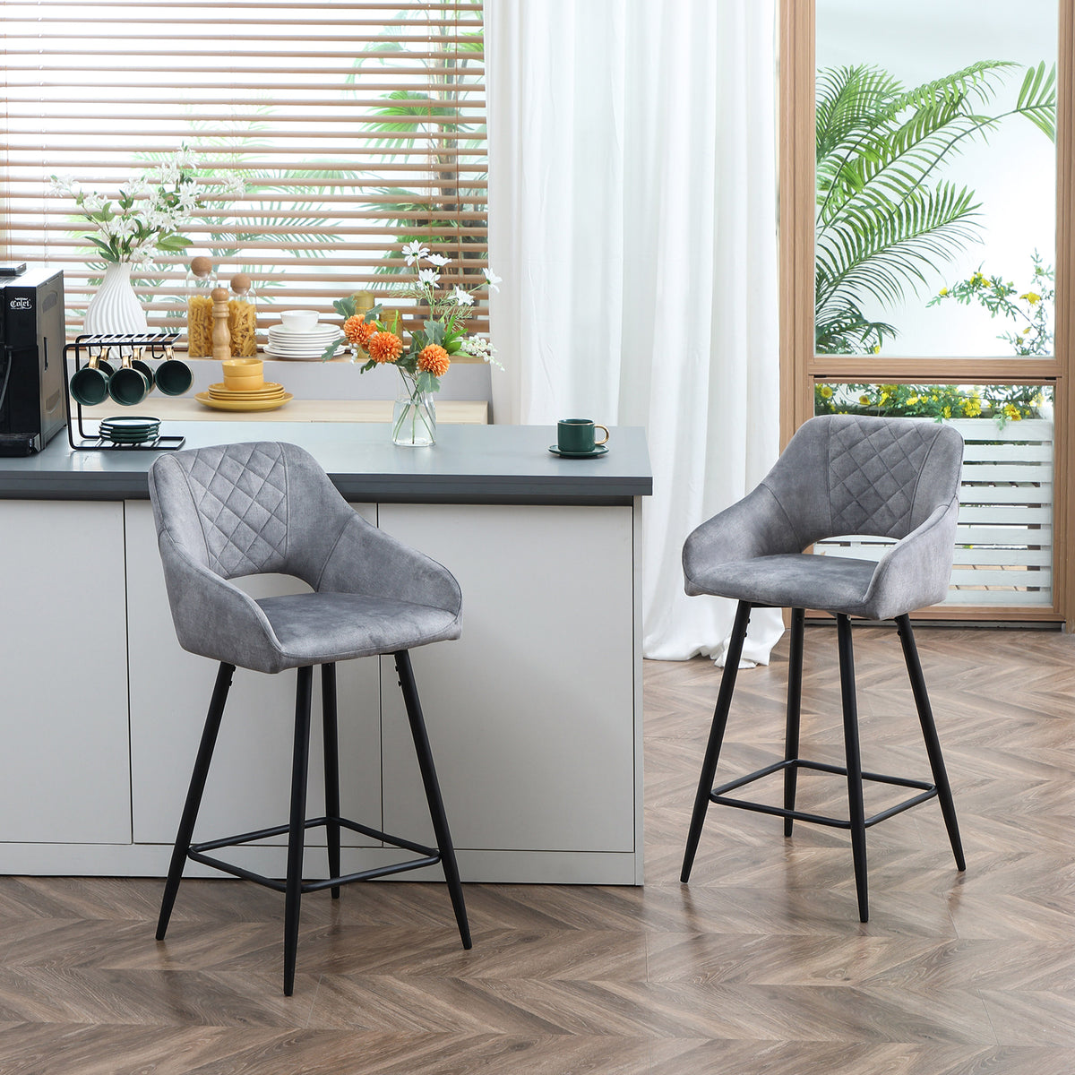 Bar Stools Set of 2, Velvet-Touch Fabric Counter Height Bar Chairs, Kitchen Stools with Steel Legs for Dining Area, Kitchen Island Barstools, Grey