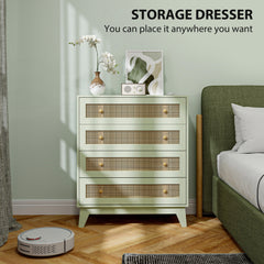 Chest of Drawers, 4-Drawer Storage Organiser Unit with Rattan Element for Bedroom, Living Room, Light Green