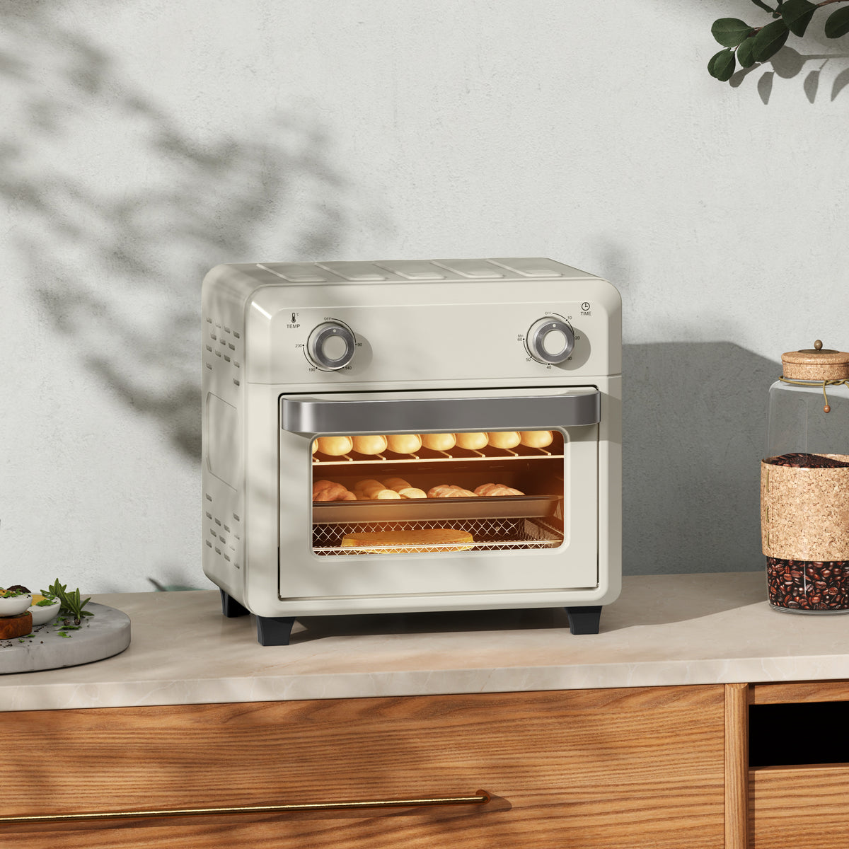 10L Air Fryer Oven, Mini Oven, Oil Free Cooking, Grill, Roast, Bake, with Adjustable Temperature, Timer, Dishwasher Safe, 1000W, Cream White