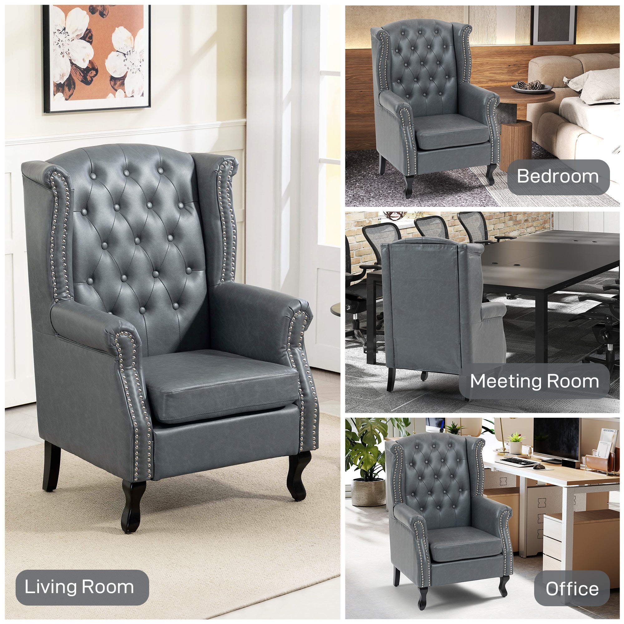Fynco - Wingback Accent Chair Tufted Chesterfield-style Armchair with Nail Head Trim for Living Room Bedroom Grey