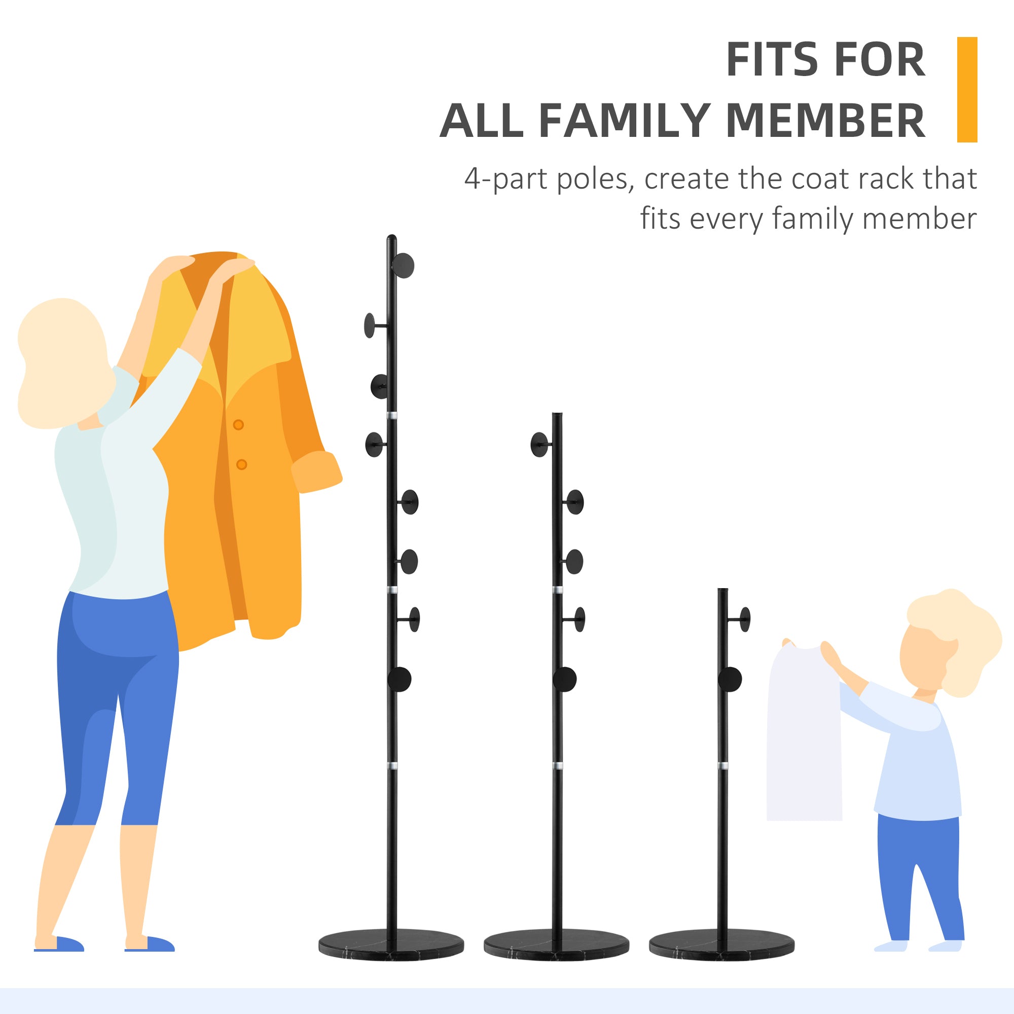 Coat Rack Free Standing Hall Tree with 8 Round Disc Hooks for Clothes, Hats,Purses, Steel Entryway Coat Stand with Marble Base for Entryway, Living Room, Bedroom, Black