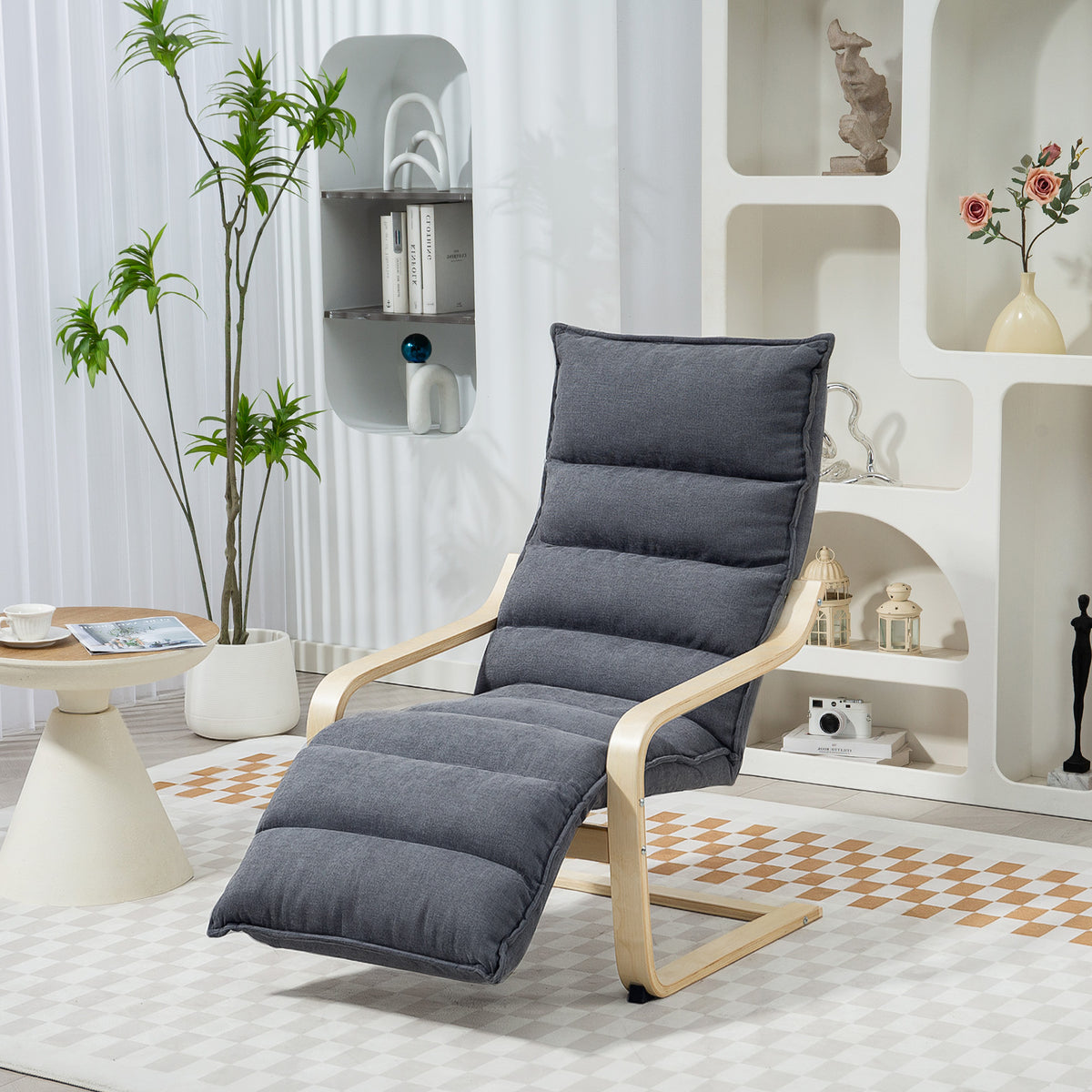 Curved Wooden Accent Chair, with Adjustable Footrest - Drak Grey