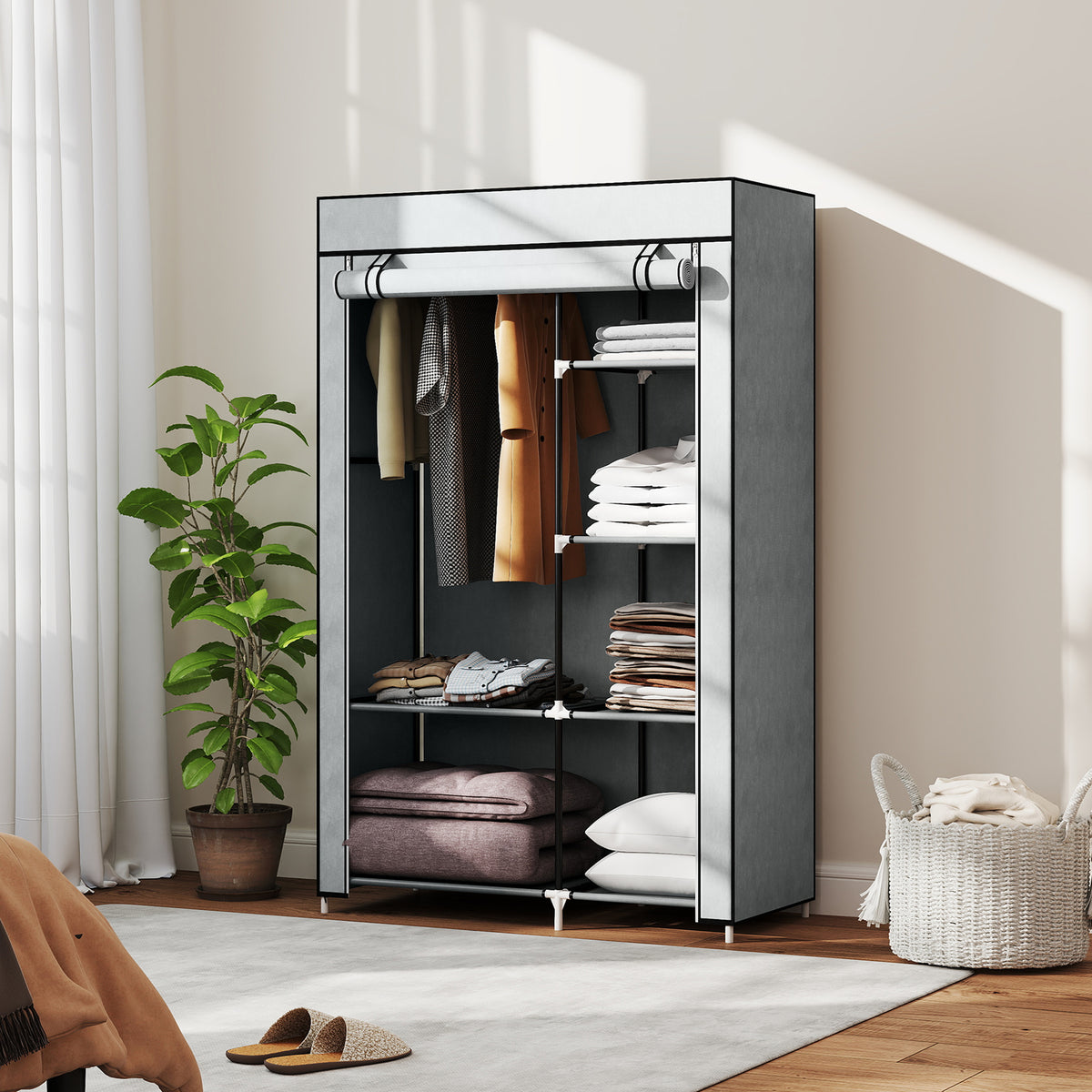 Fabric Wardrobe, Portable Wardrobe with 6 Shelves, 1 Hanging Rail, Foldable Closets, 103 x 43 x 162.5 cm, Light Grey