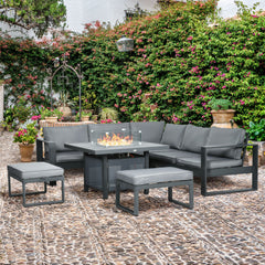 6-Piece Aluminium Garden Furniture Set with Fire Pit Table, Outdoor Dining Sofa Set with Cushions, Loveseats and Footstools, Sectional Corner Conservatory Furniture for Patio, Grey