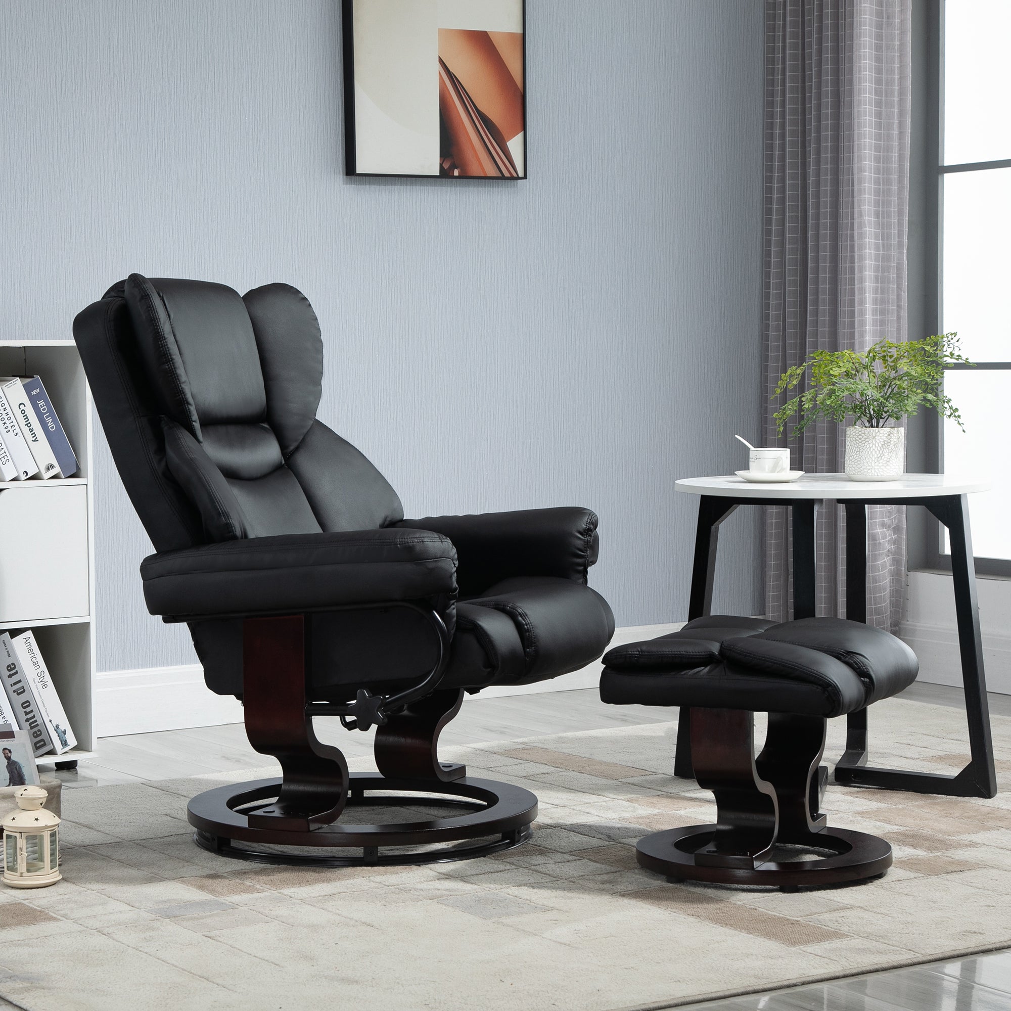 360° Swivel Recliner Chair with Footstool, PU Leather Manual Recliner Armchair with Solid Wood Base, Upholstered Reclining Chair for Living Room, Bedroom, Office, Black