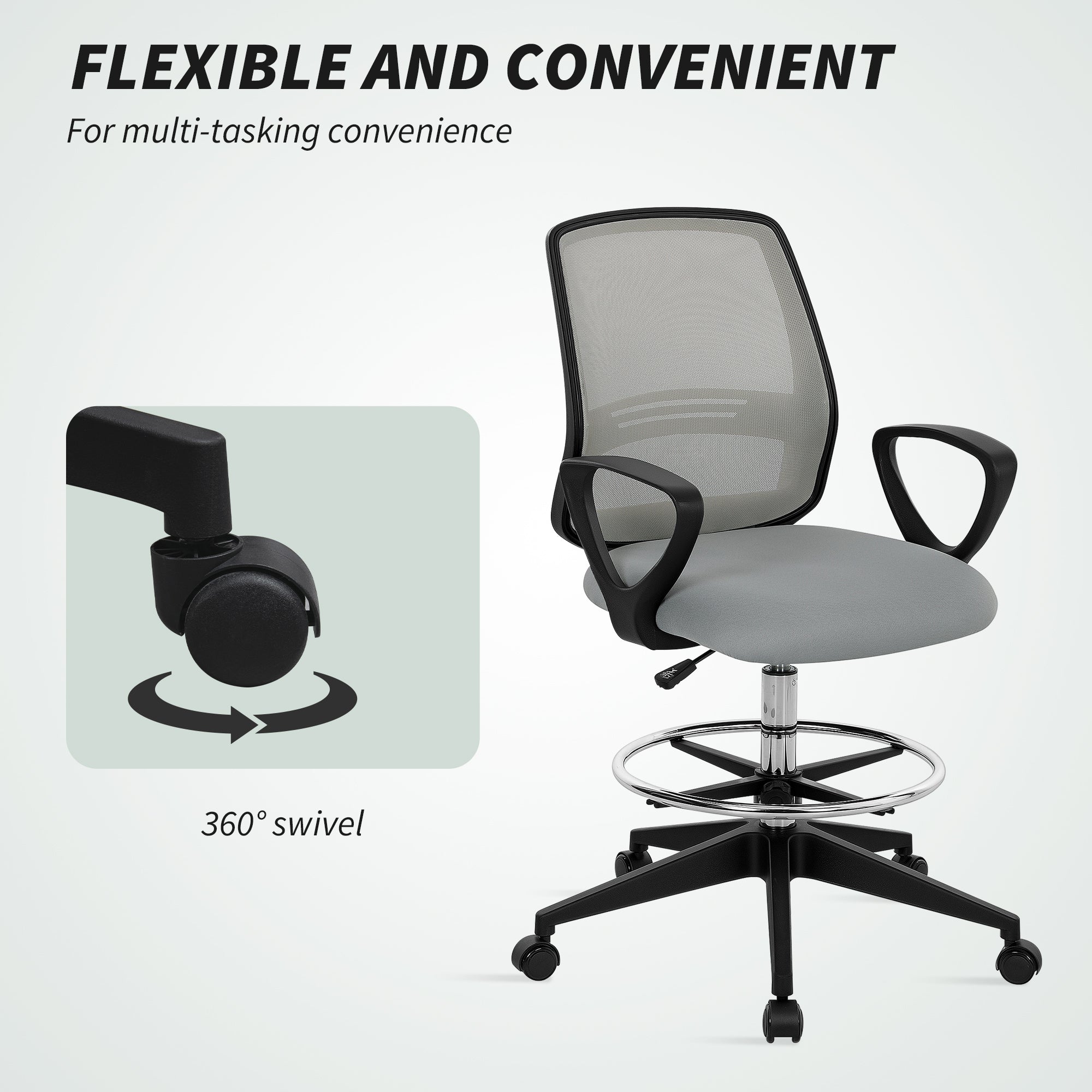100-120cm Draughtsman Office Chair, with Footrest - Light Grey
