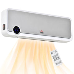 Fynco - Wall Downflow Heater 2 Heat and Fan 1000W/2000W, Electric Space Heater with Timer Remote Oscillating, for Bedroom Home Office, White and Silver