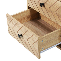 Bedside Table Nightstand Two-Drawer Bedroom Storage Unit Zig Zag Design with Black Metal Handles, Natural