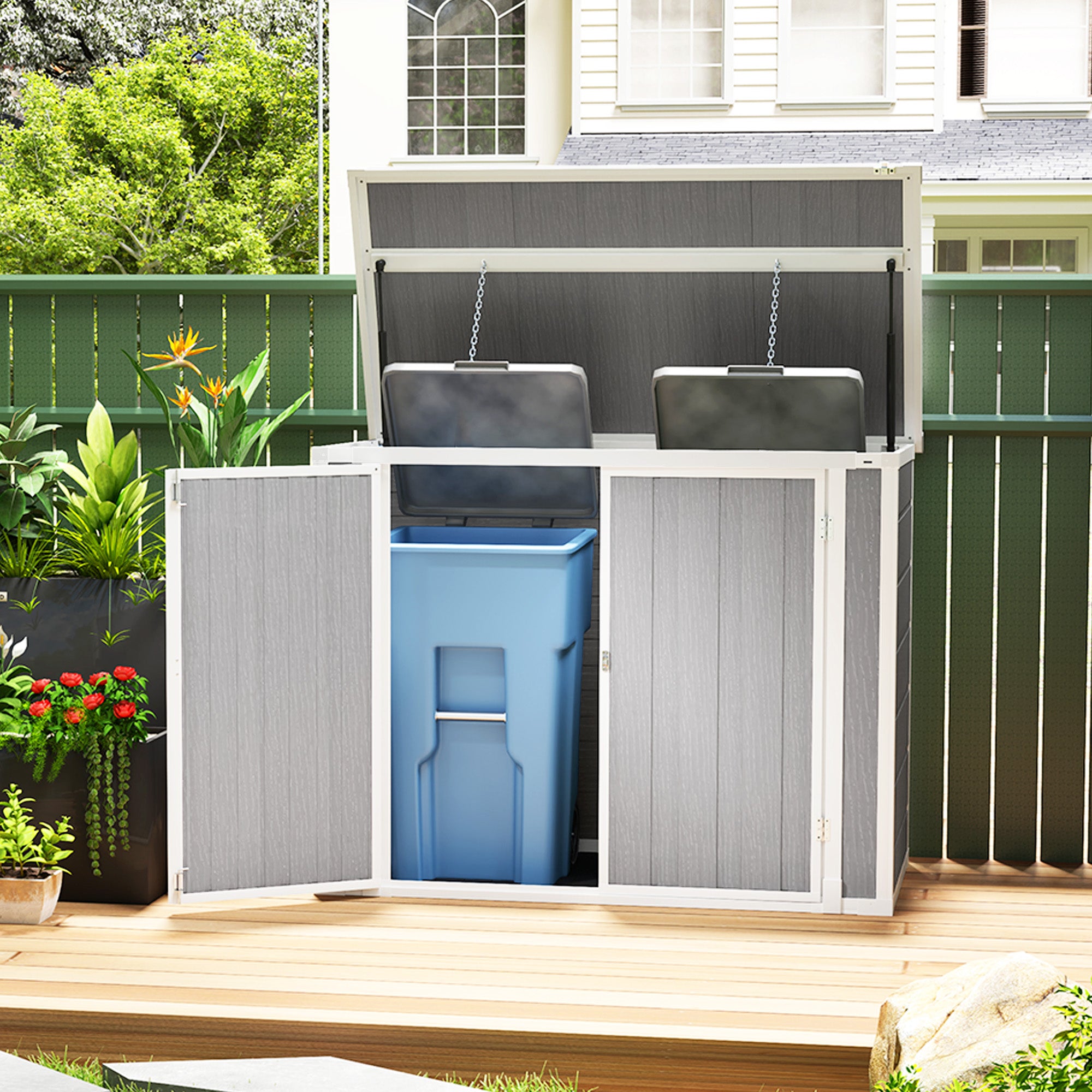 4.7 x 2.5FT Garden Shed, Double Bin Storage Shed with Lockable Doors, Outdoor Small Shed with Openable Lid for 2 Trash Cans, Garden Tools, Grey