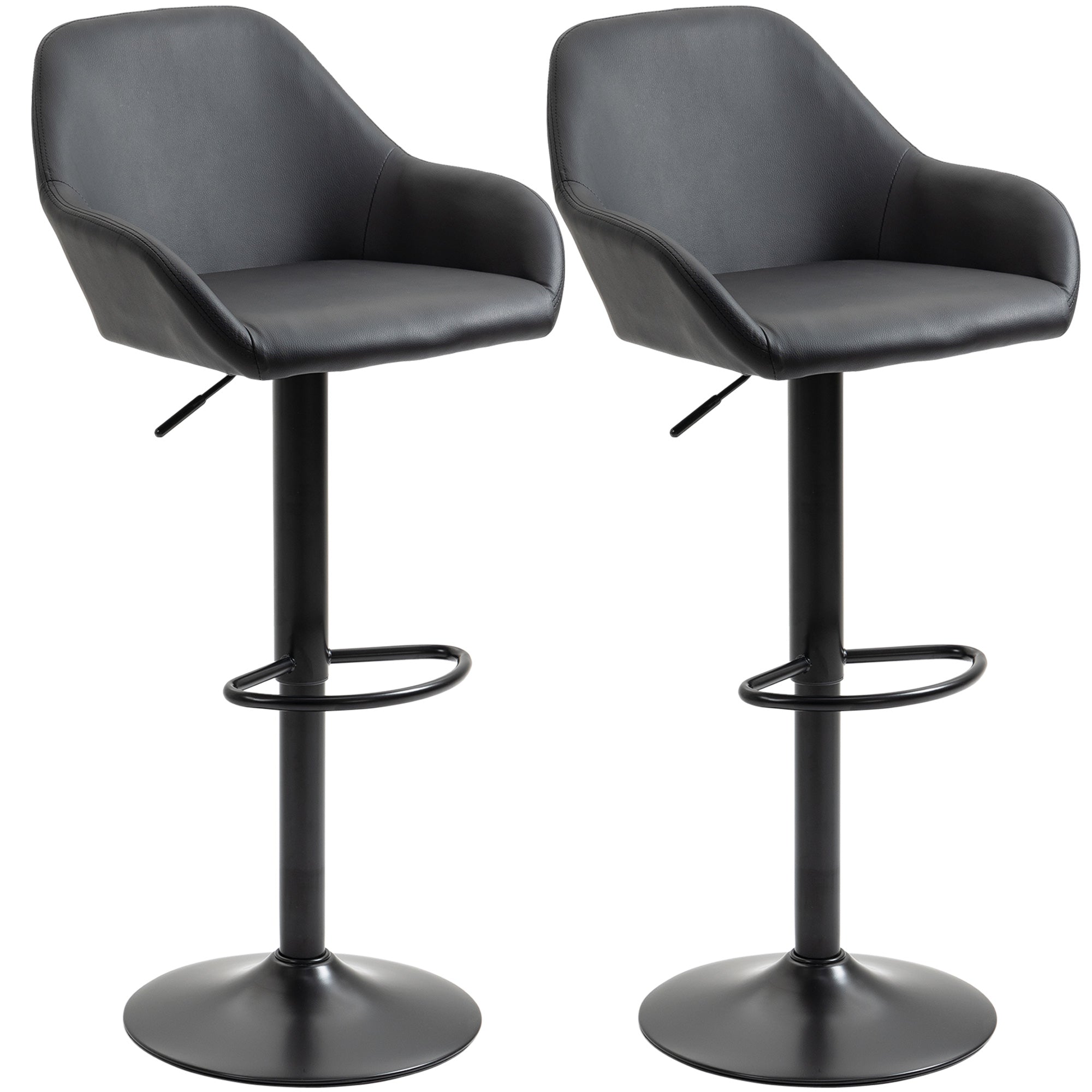 Bar Stools Set of 2, Height Adjustable Swivel Barstools, PU Leather Kitchen Stools with Backs, Armrests and Footrest for Home, Counter and Dining Room, Black