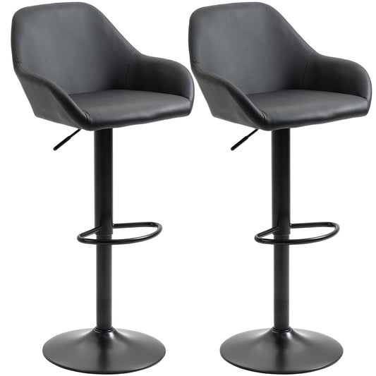 Bar Stools Set of 2, Height Adjustable Swivel Barstools, PU Leather Kitchen Stools with Backs, Armrests and Footrest for Home, Counter and Dining Room, Black
