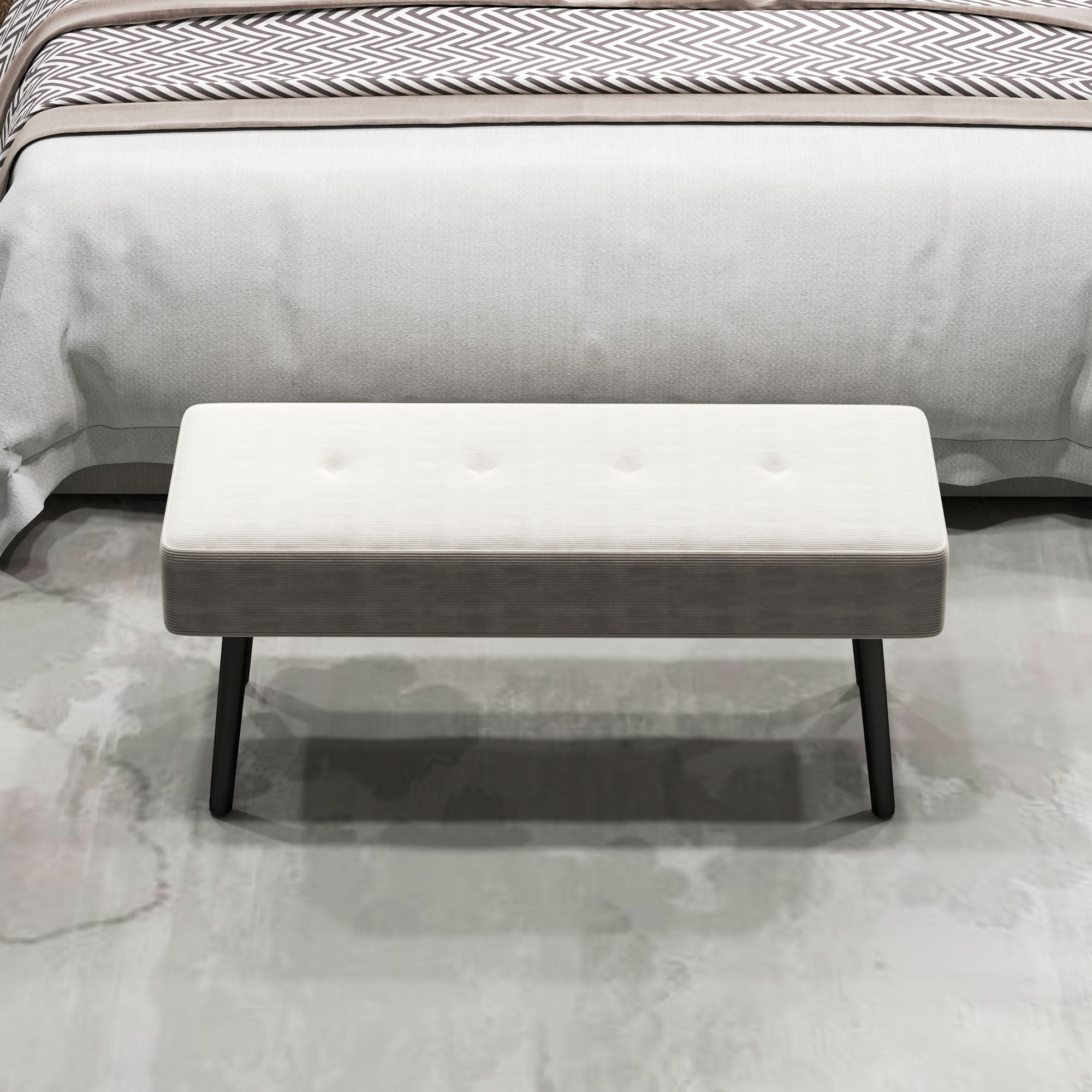 End of Bed Bench, Corduroy Bedroom Bench with Thick Padding and Steel Legs, Tufted Window Seat for Entryway, Living Room, Cream White